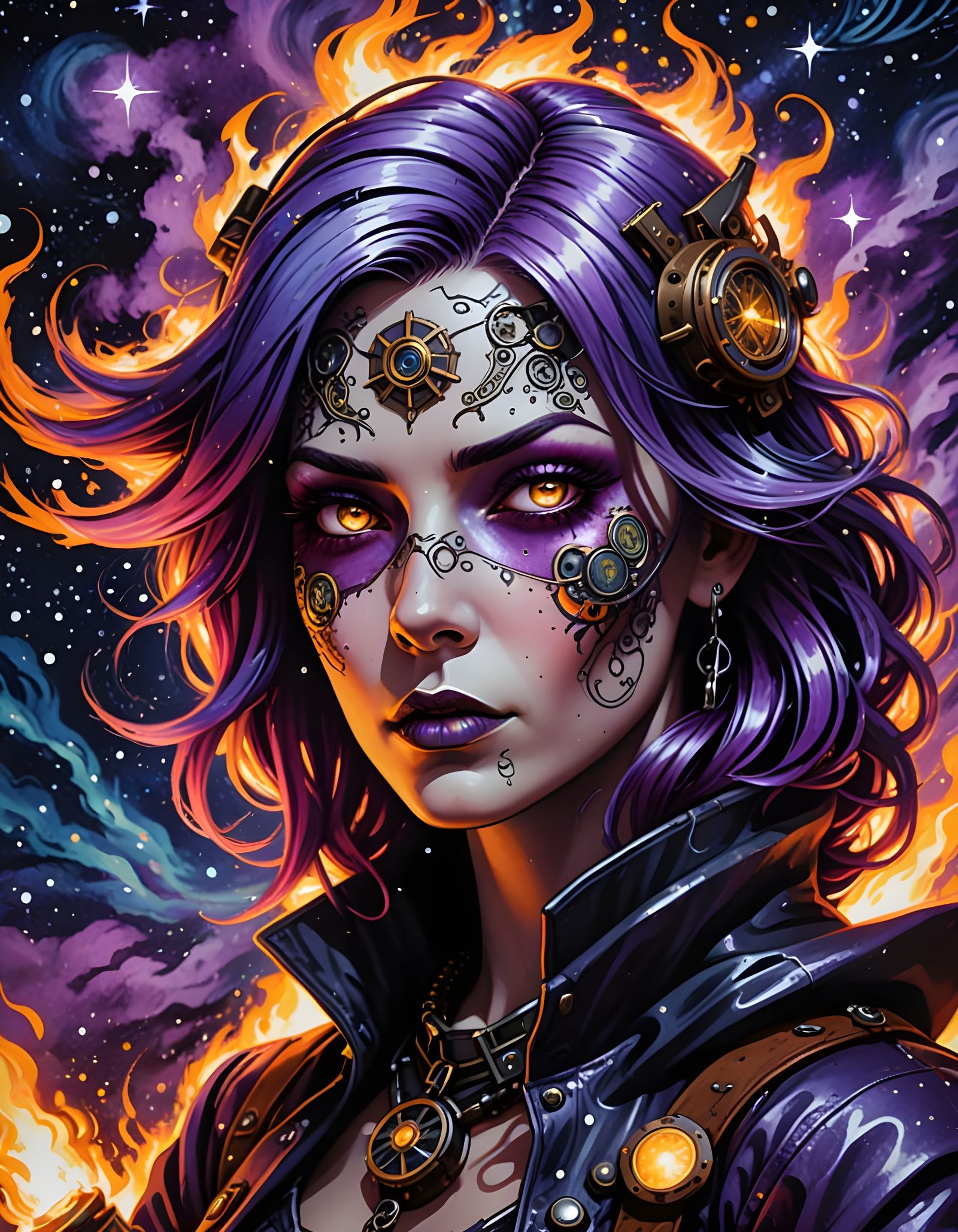 Steampunk Witch Graffiti Art with Fire and Stars