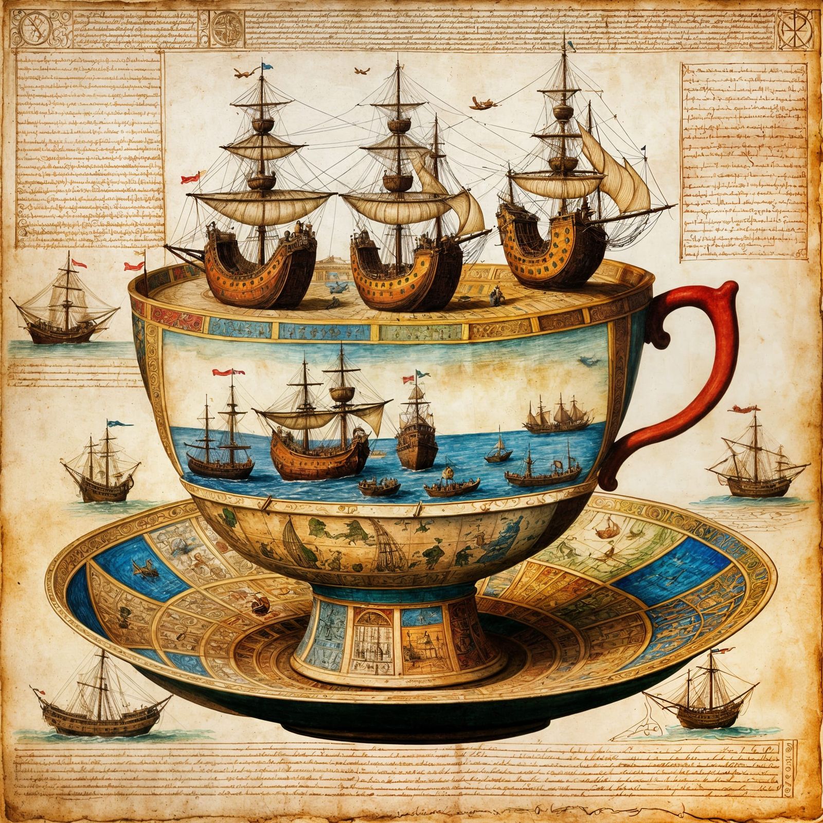 Renaissance Teacup Sea Chart in 3D Ink and Watercolor