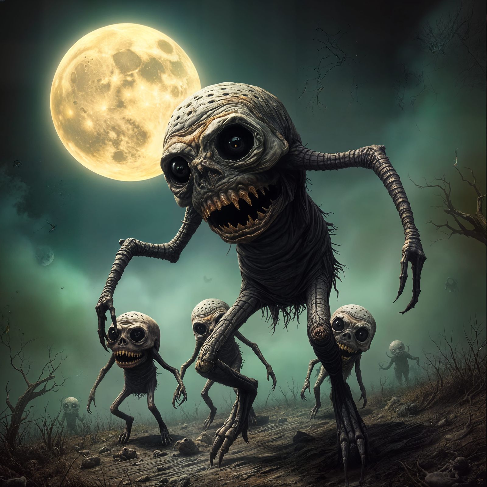 Ethereal Beasts Dance Under a Fiery Full Moon in a Cyberpunk...