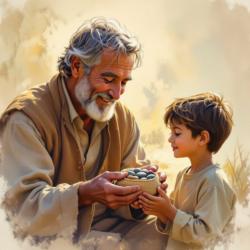 Ethereal Fable Illustration: Old Man Gives Magic Stones to B...