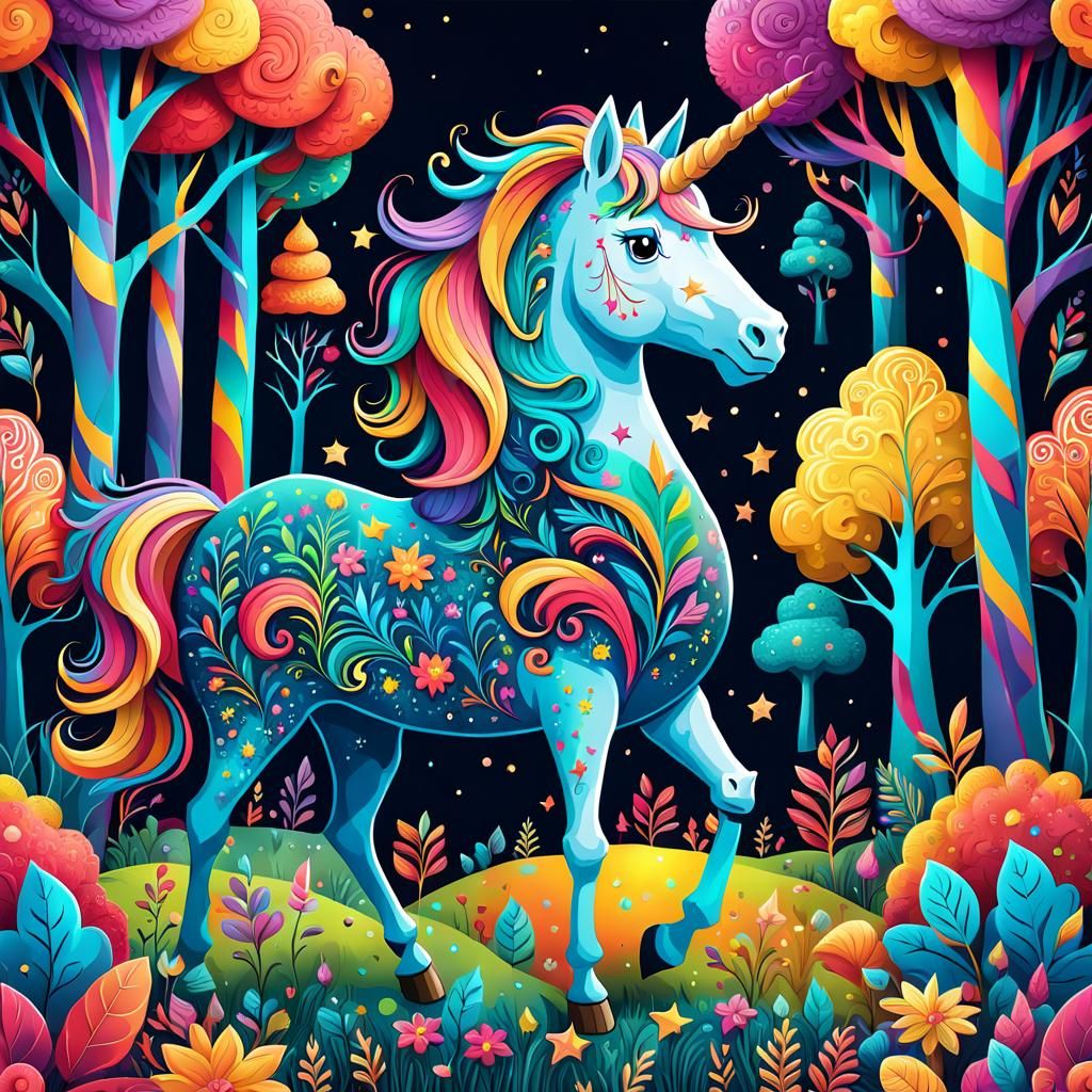 Unicorn in a Vibrant Doodle Forest