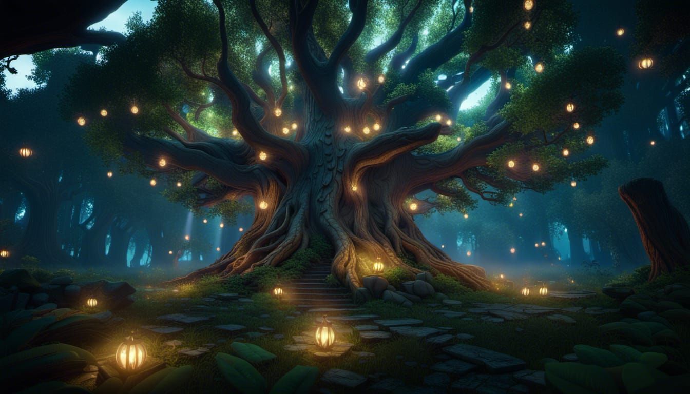Glowing Elven Forest with Giant Tree