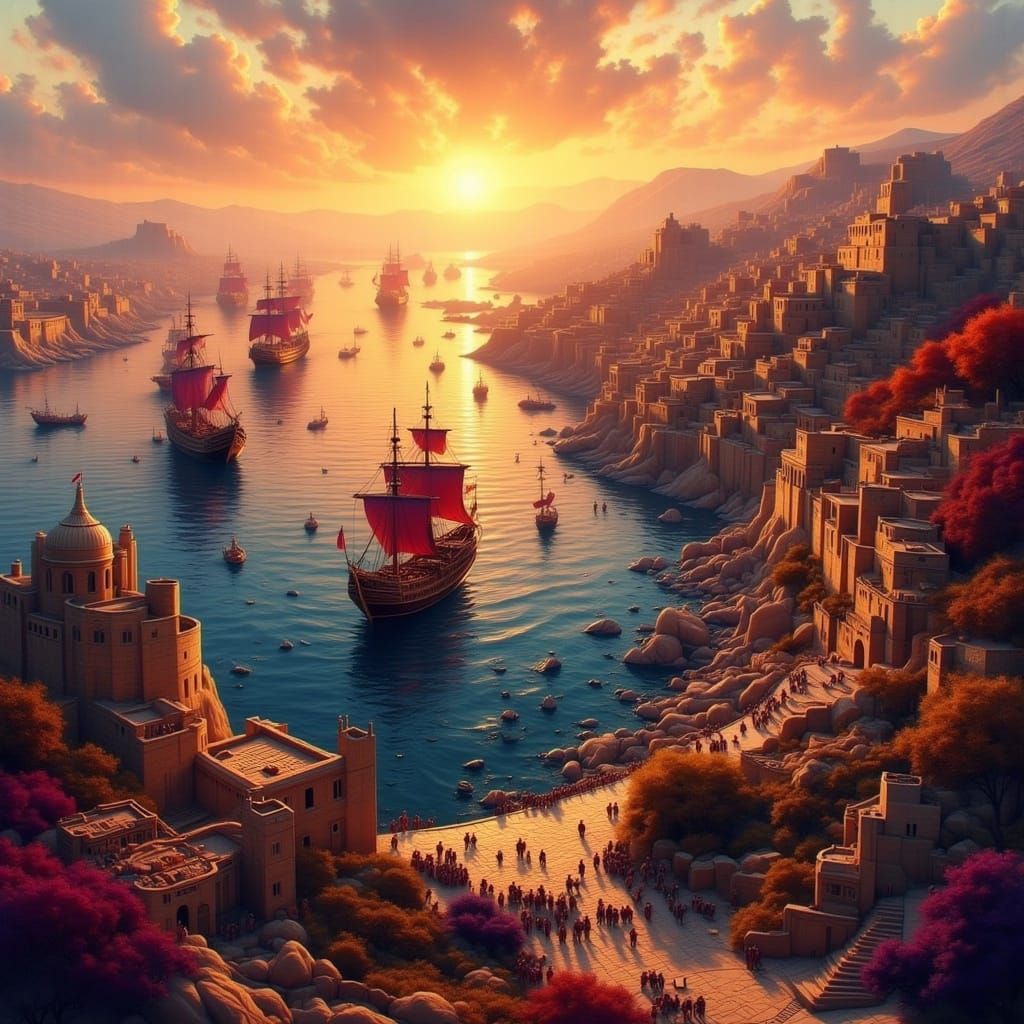 Phoenician Harbor at Sunrise: Historical Fantasy Concept Art