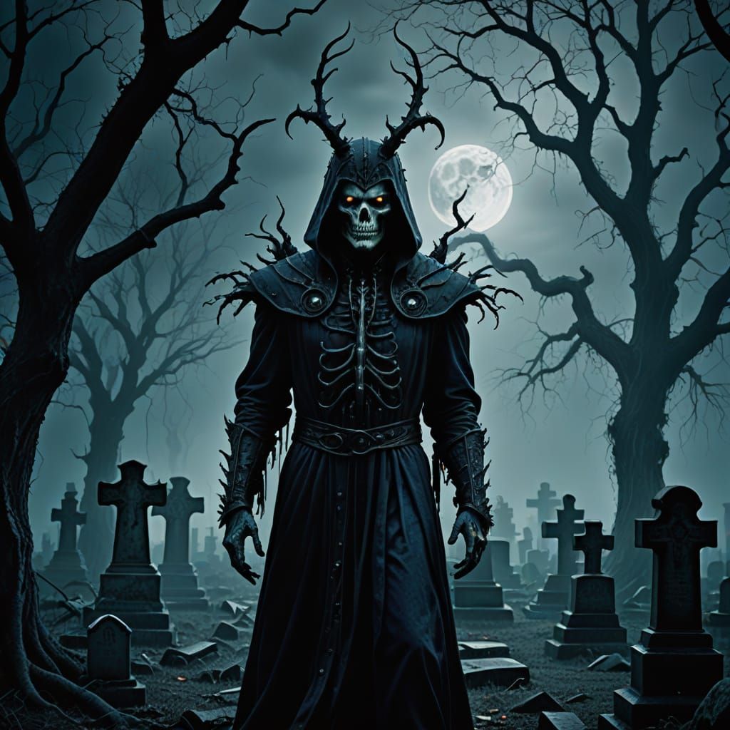 Surreal Cemetery Spirit in Dimly Lit Graveyard