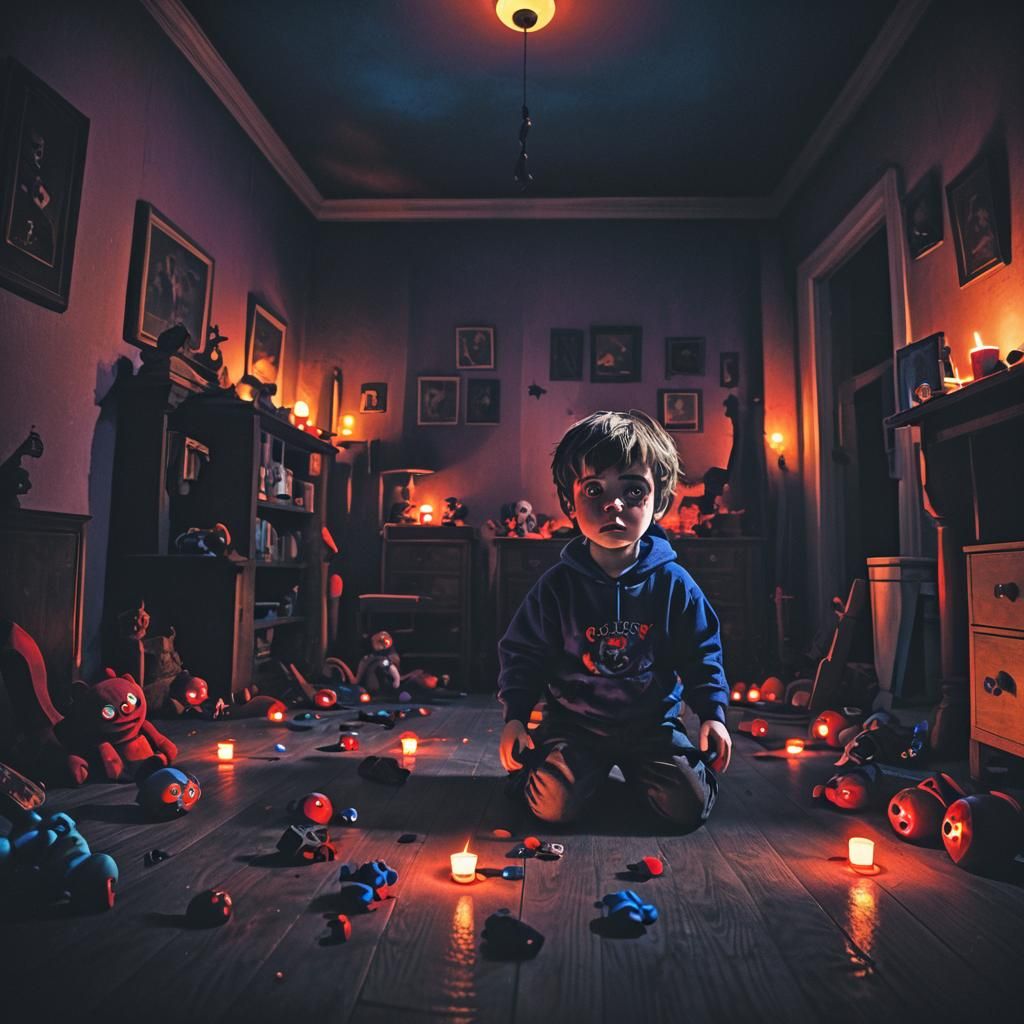 Eerie Toys with Glowing Eyes in Dark Room