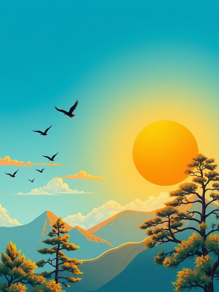 Golden Sunrise in Chinese Landscape Painting Style