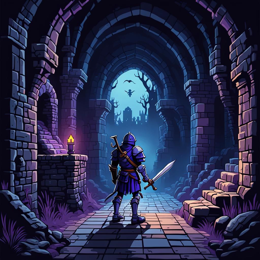 Brave Knight in Dark Dungeon: Pixel Art