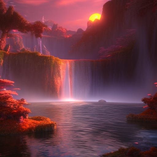 Sunset Waterfall: Detailed Fantasy Concept Art