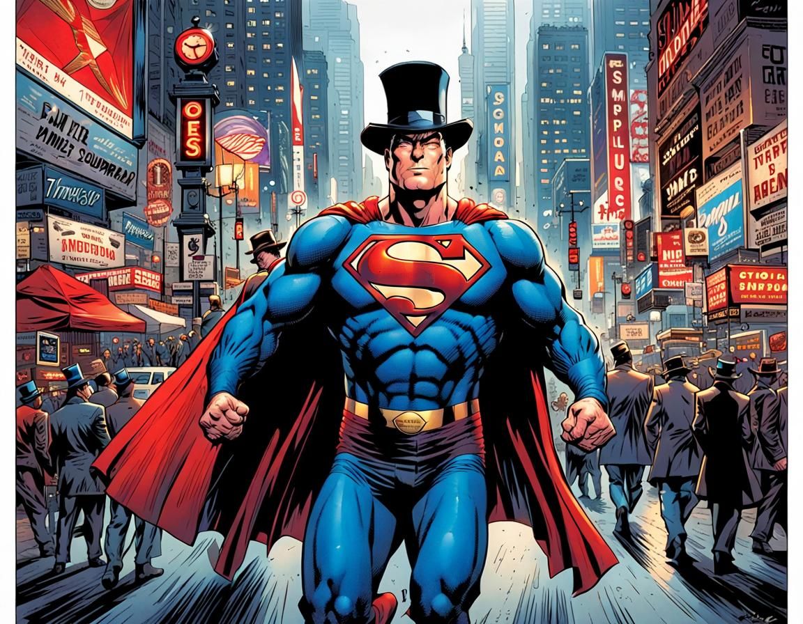 Superman with white muttonchop sideburns wearing a top hat in Times Square Mark Brooks and Dan Mumford, comic book art, ...