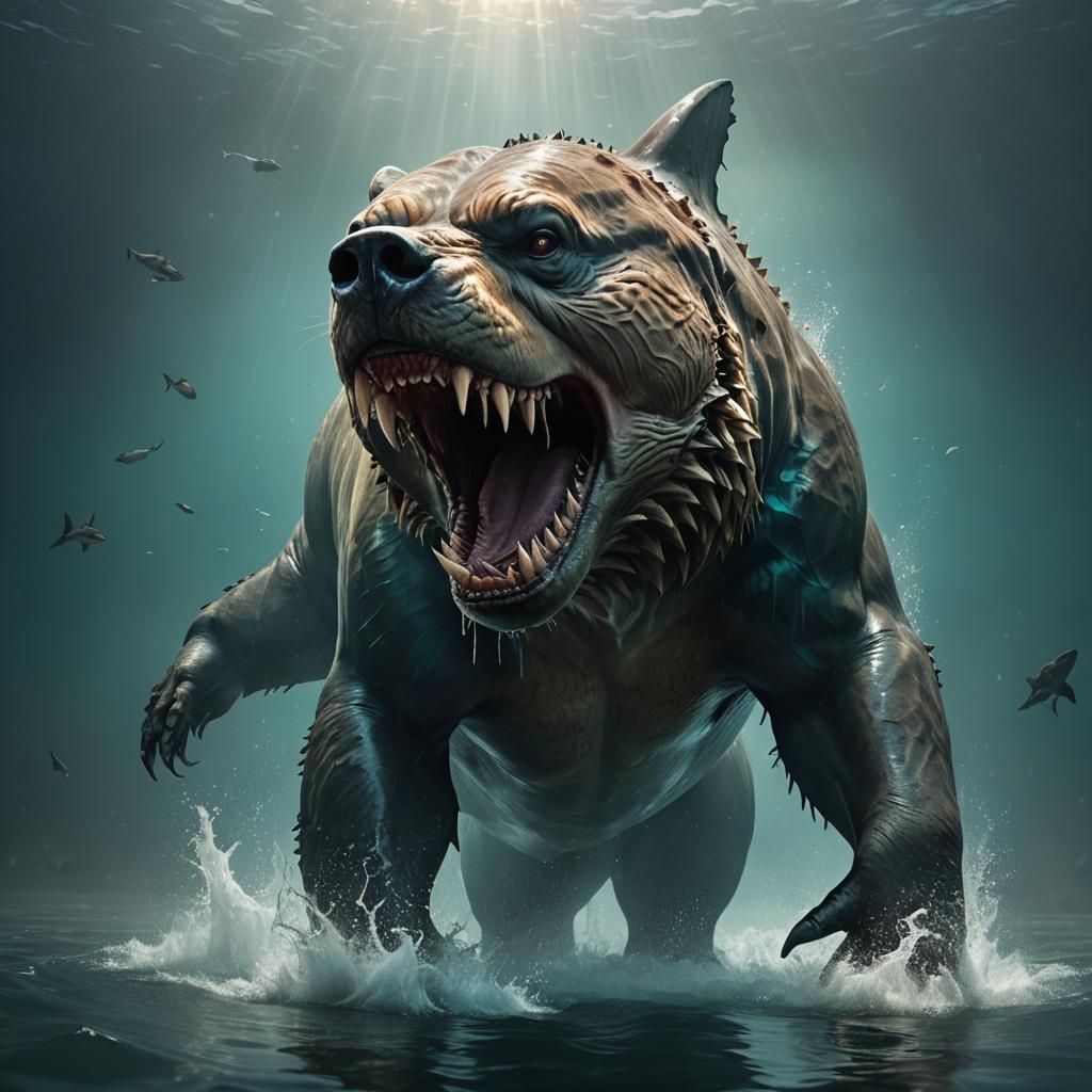 Realistic illustration of a bear-shark hybrid, imposing and ...