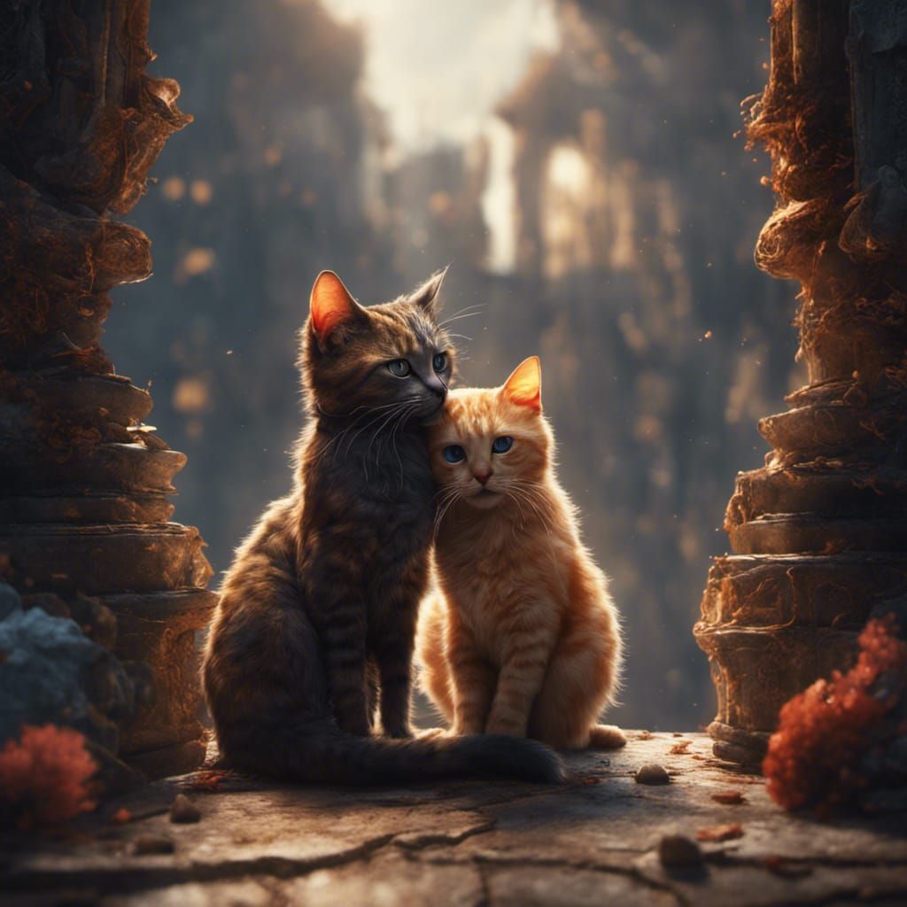 Two Cats Hugging in Detailed Fantasy Art