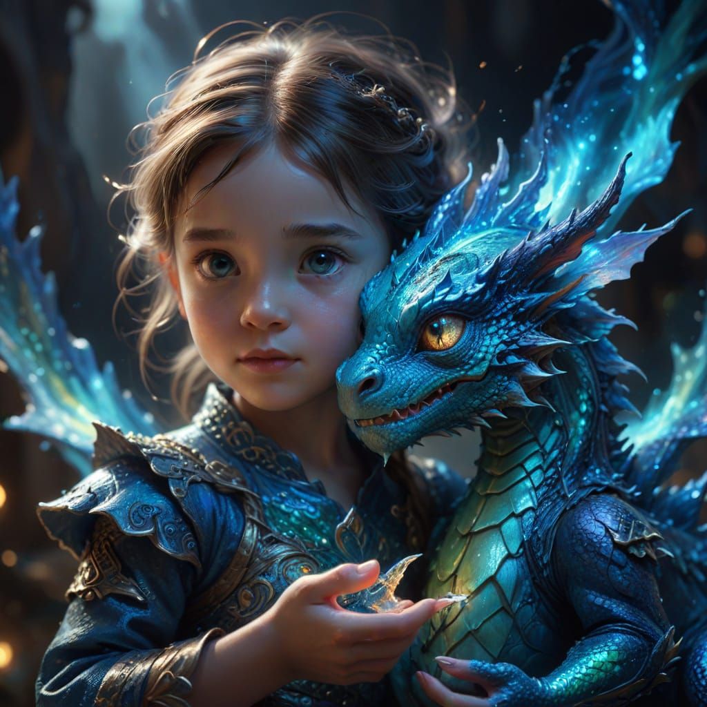 Girl Holds Glowing Baby Dragon in Impressionistic Fantasy Ar...