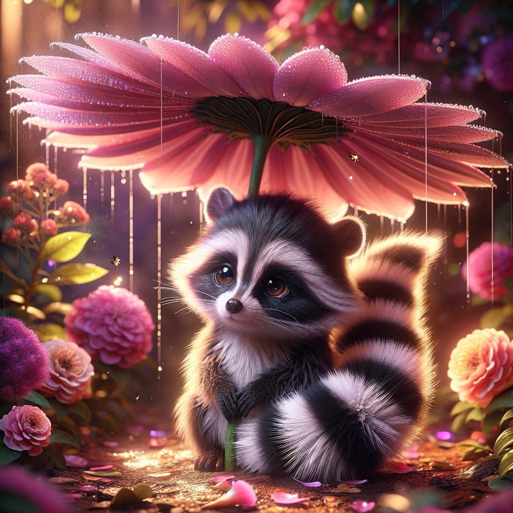 Raccoon Under Flower Umbrella in Magical Garden