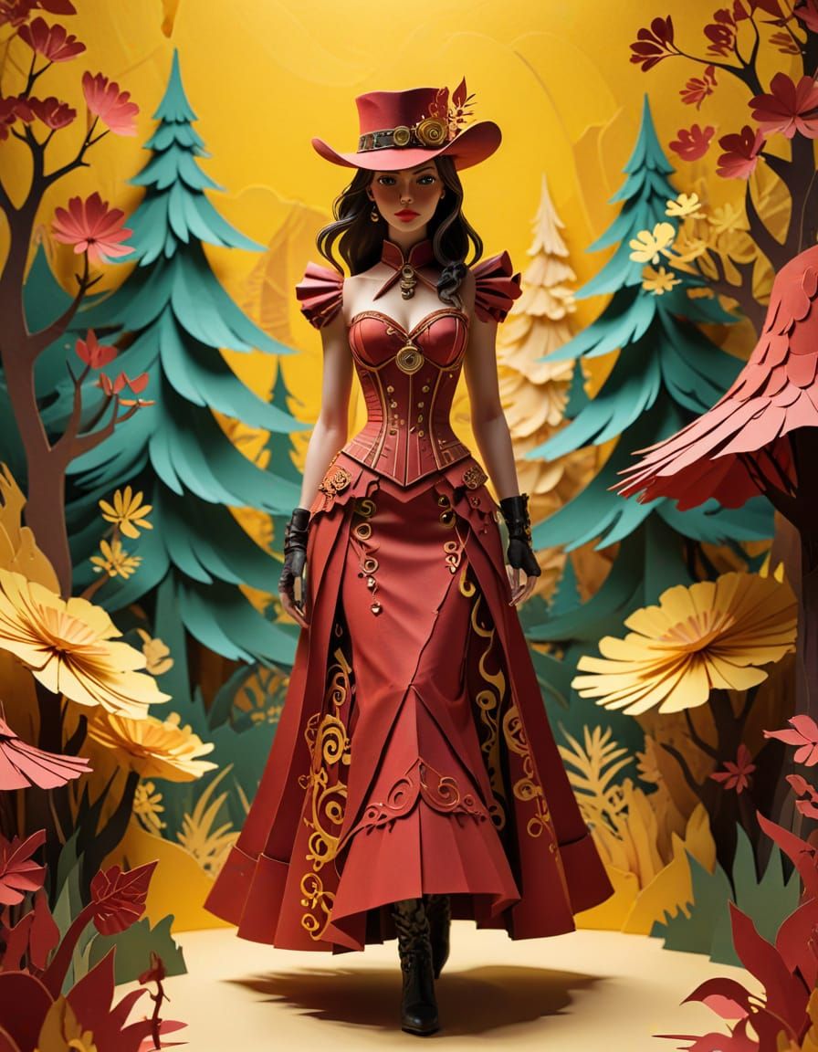 Steampunk Cowboy in Red Dress on Runway, Papercut Style