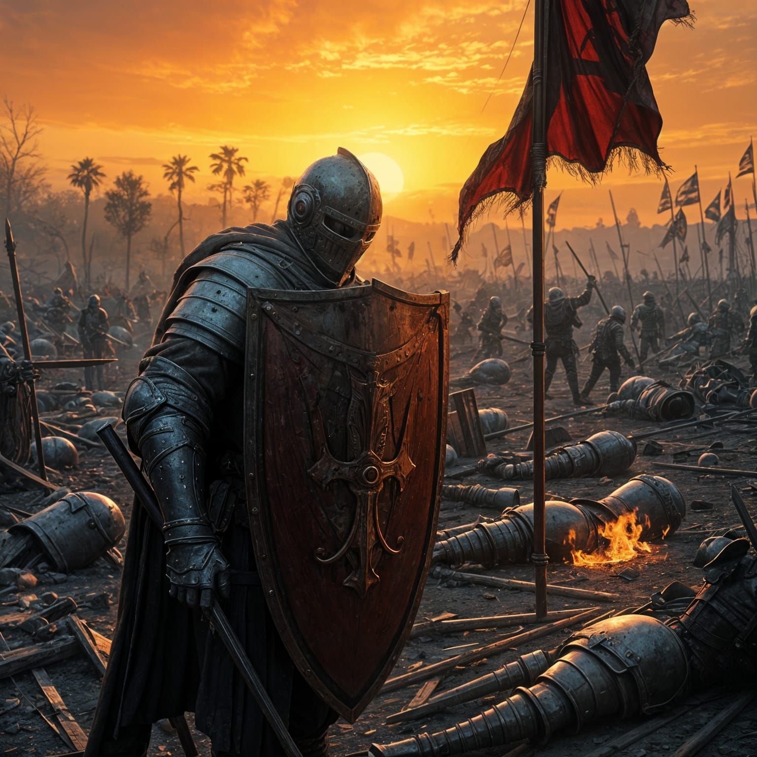 Wounded Knight Amid Carnage in Golden Evening Light