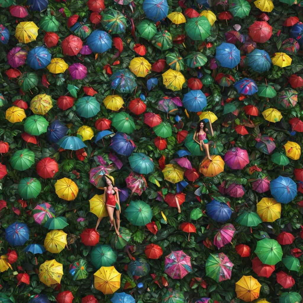 Colorful Umbrellas in Hyperrealistic Rainforest Scene
