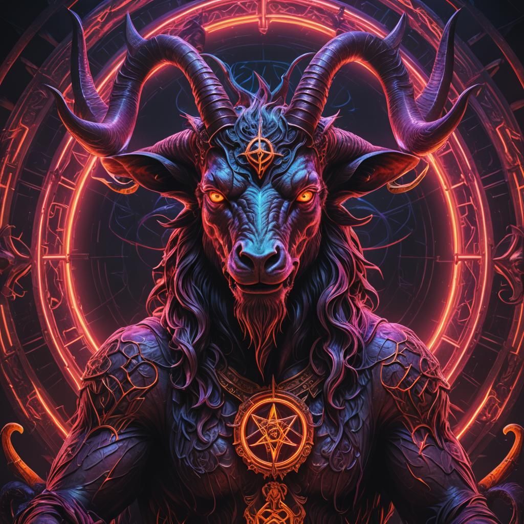 Neon Baphomet in Hyperrealistic Style