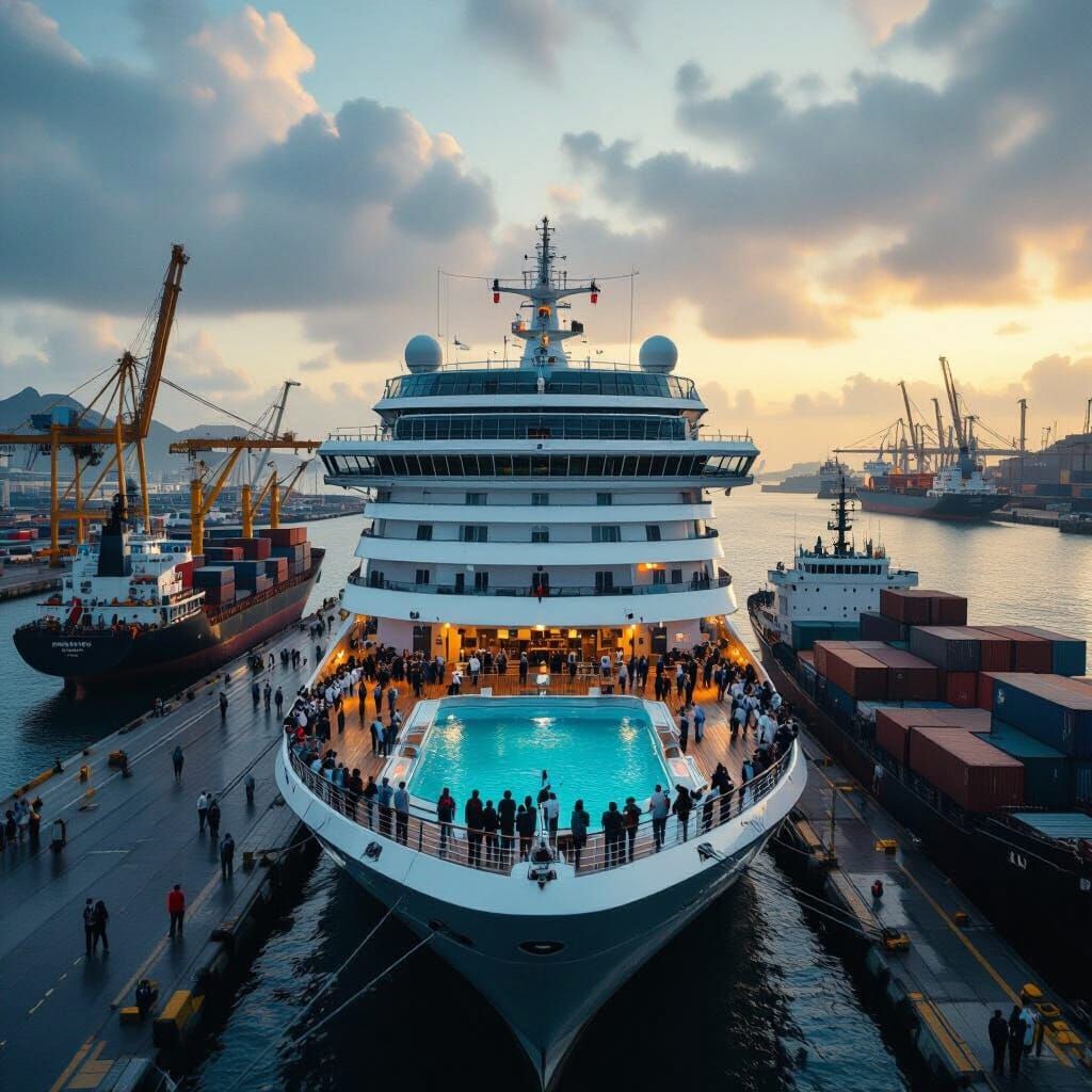 Cinematic Cruise Ship Docks at Harbor