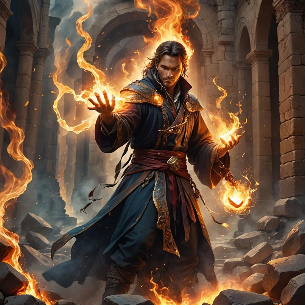 Sorcerer Conjuring Fire and Stone in Oil Painting Style
