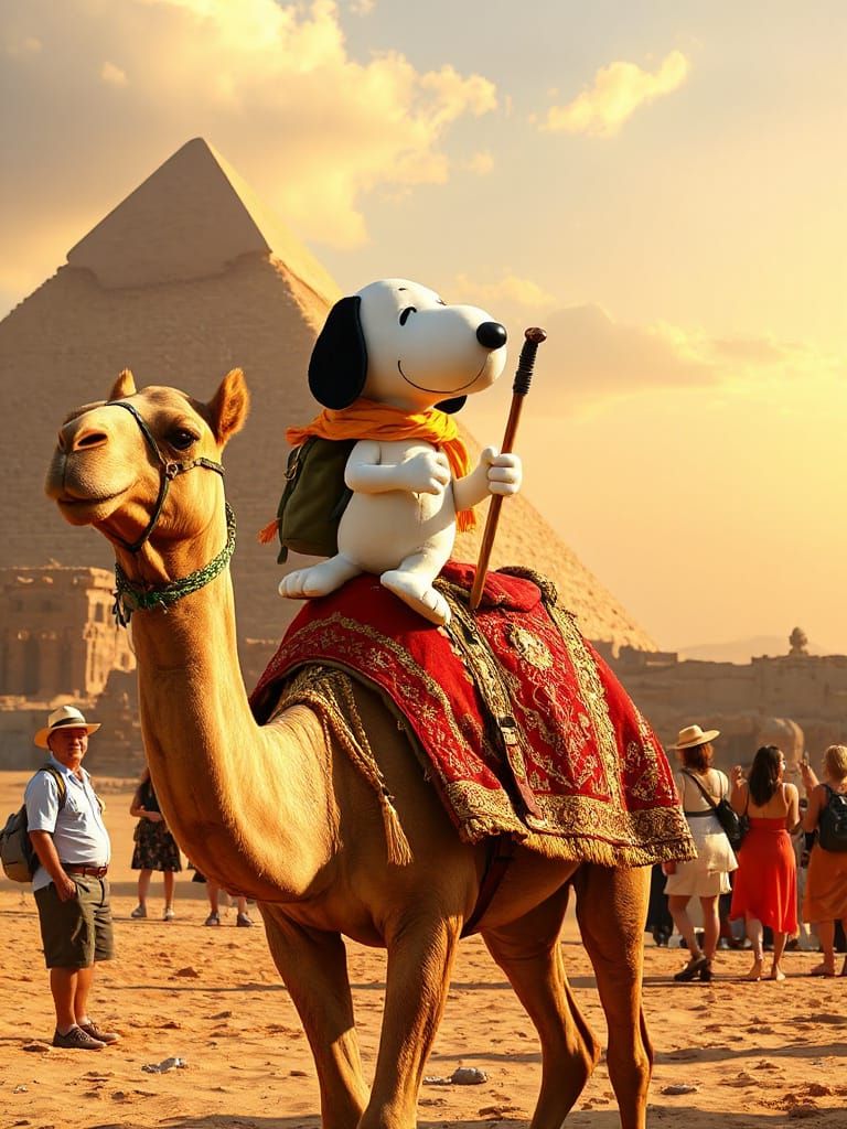 Snoopy Rides a Majestic Camel in Ancient Egypt