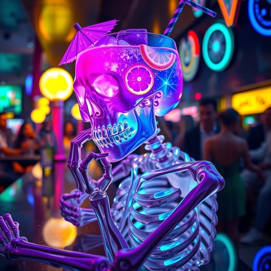 Crystal Skeleton Contemplating Cocktail in Neon Bar