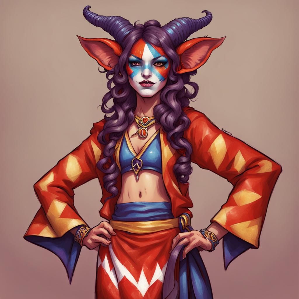 Surreal Tiefling Warrior in Whimsical Harlequin Costume