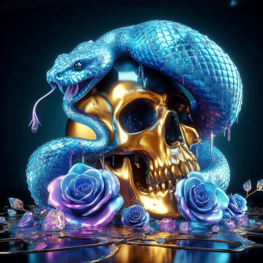 Vibrant Blue Viper on Skull with Crystal Roses