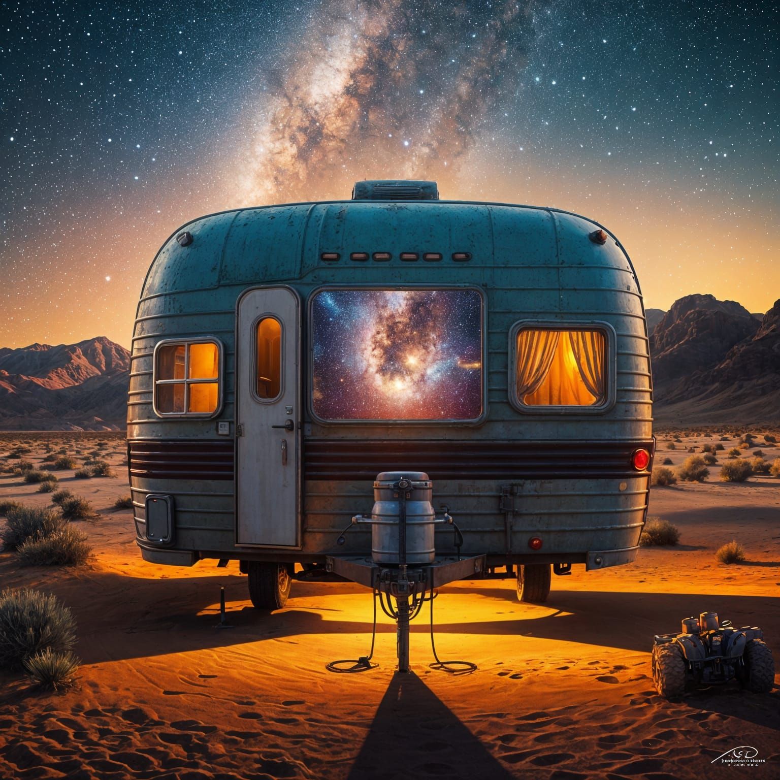 Desert Trailer Starry Sky Double Exposure