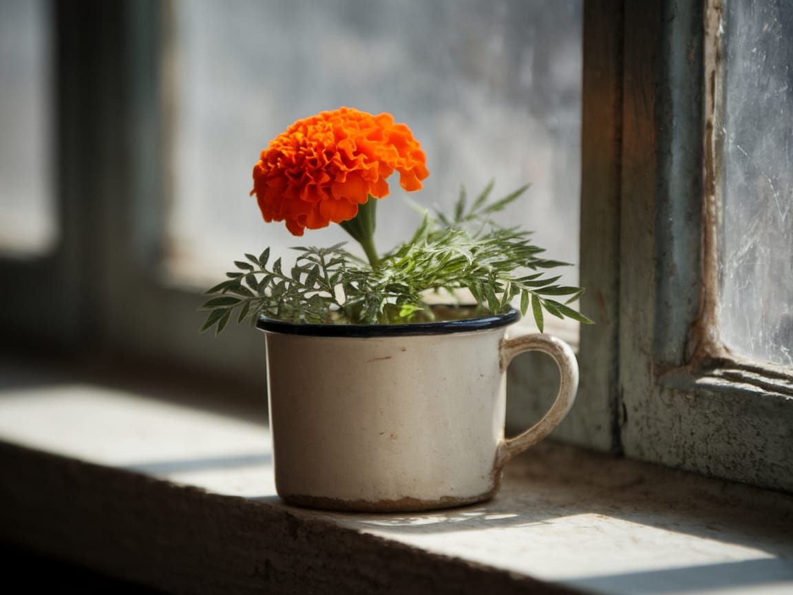 A Single Orange Marigold in a Weathered Cup