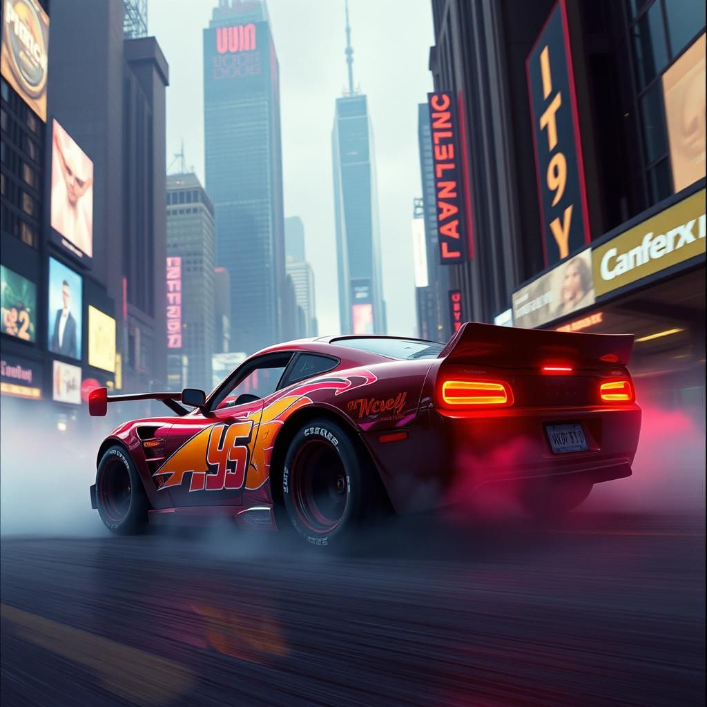 Cyberpunk Lightning McQueen Drifting Through Dystopian Citys...