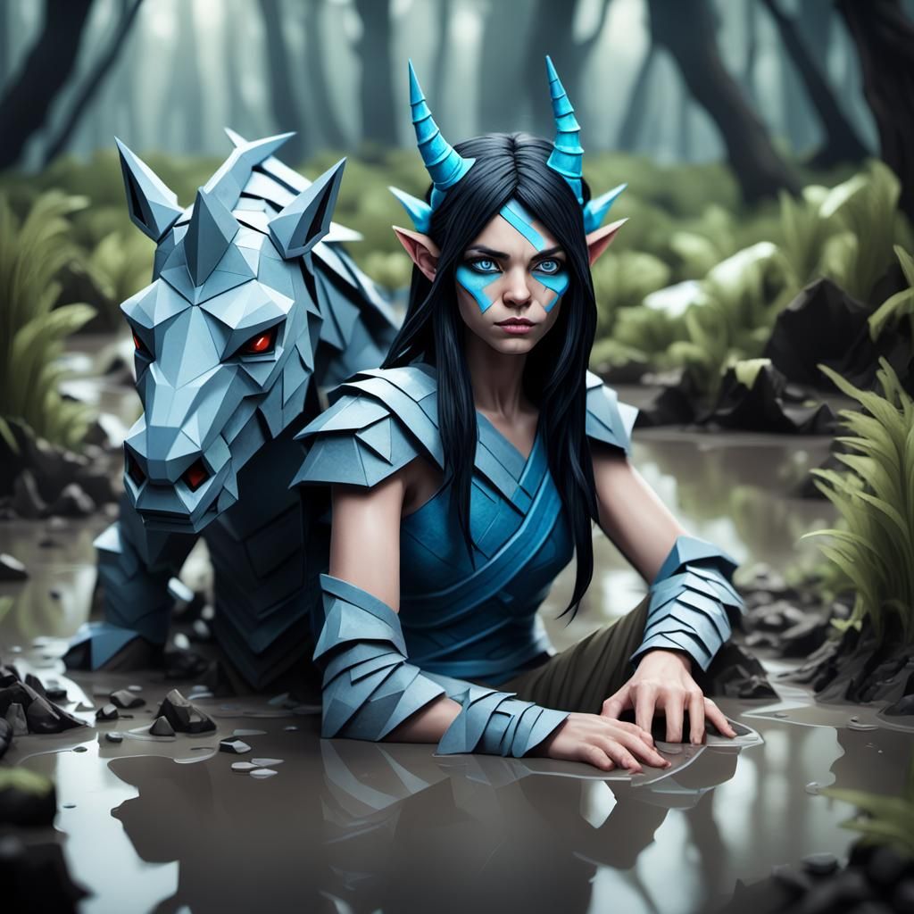 Female goblin barbarian with black hair and blue eyes is hid...