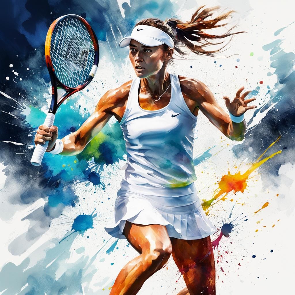 Dynamic Watercolor Tennis Player in Action