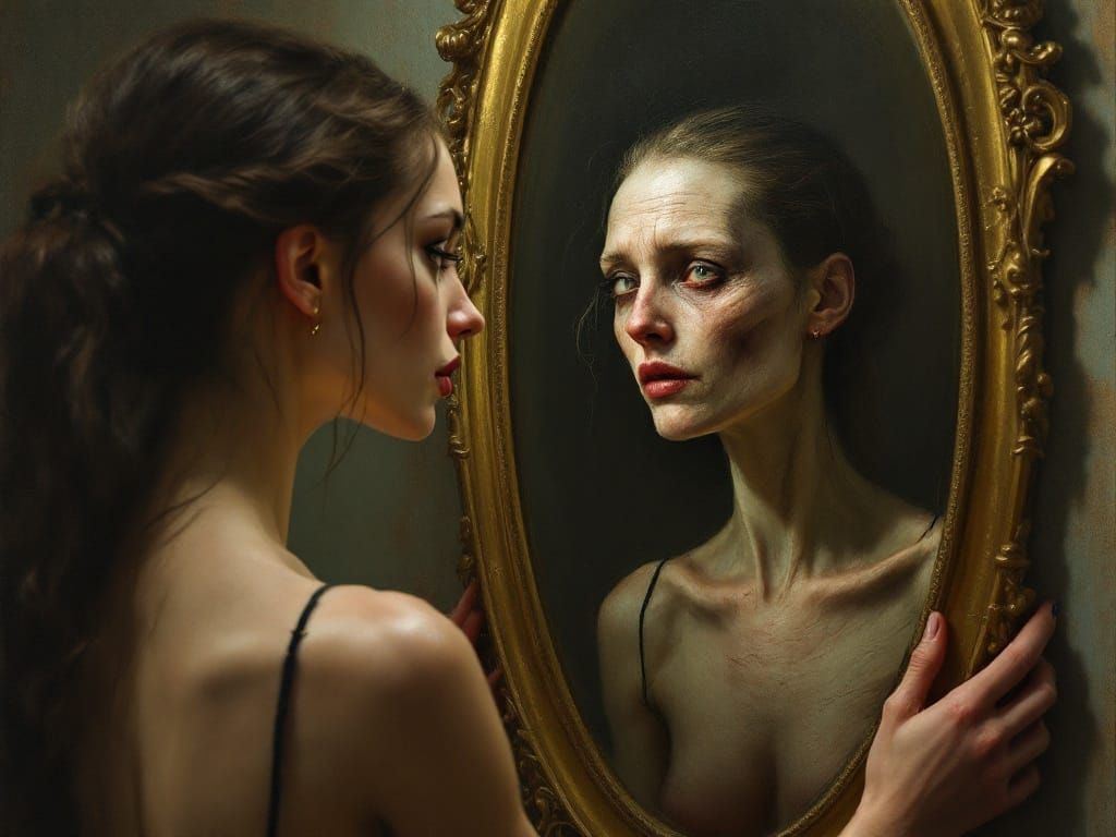 Woman's Inner Turmoil Revealed in Distorted Reflection