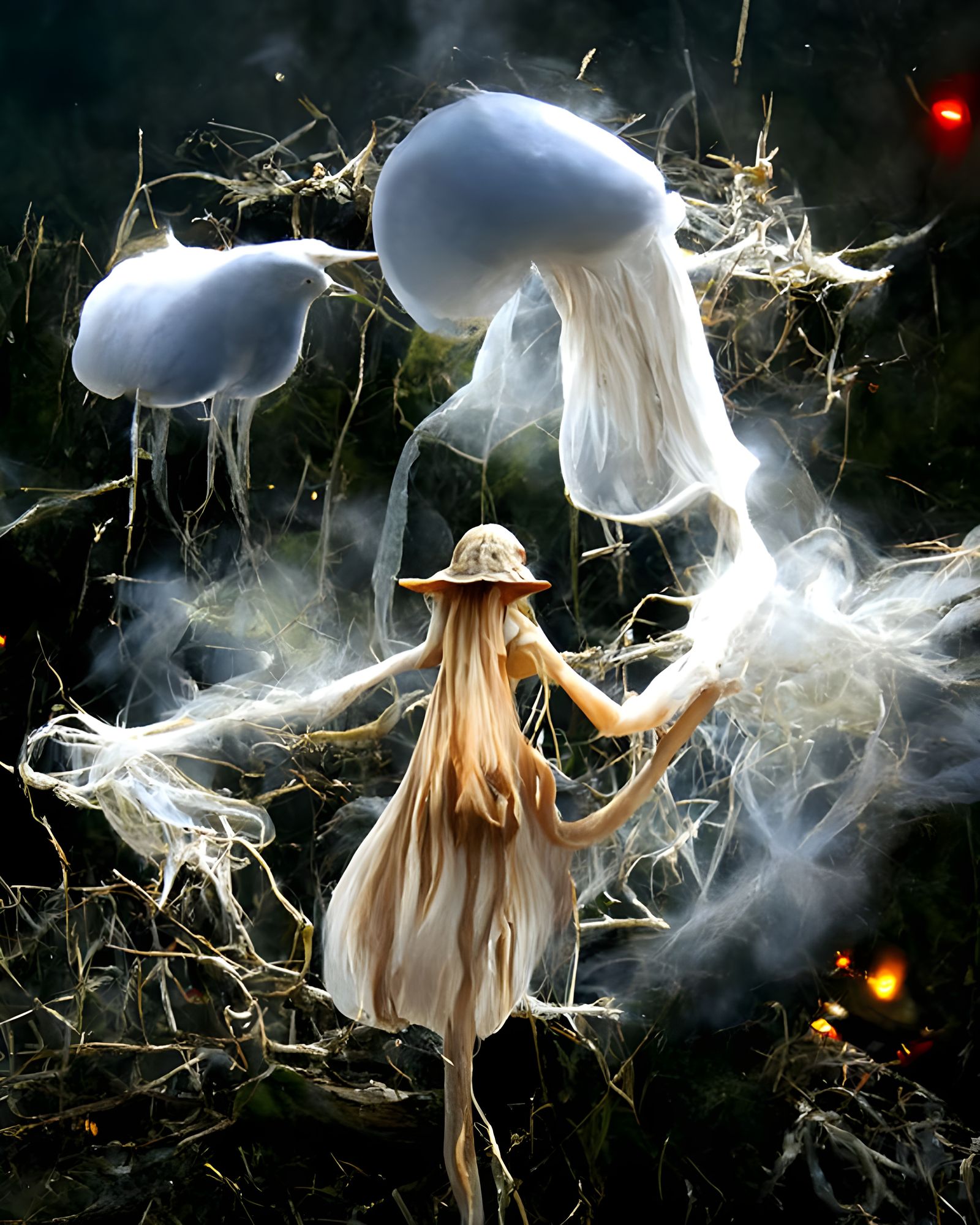 Mushroom Witch Conjuring a Giant Fungus