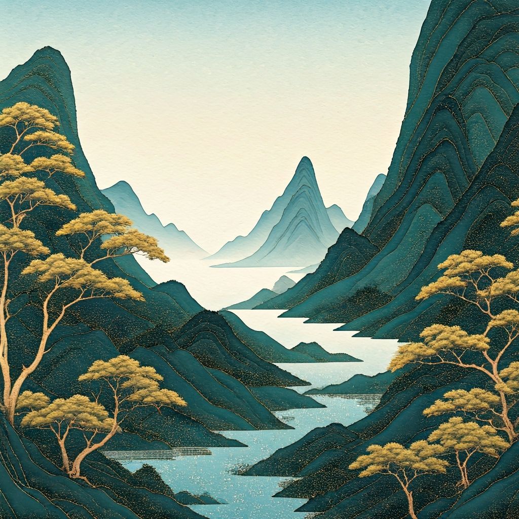 Kintsugi Ink Wash Landscape with Gold Craquelure