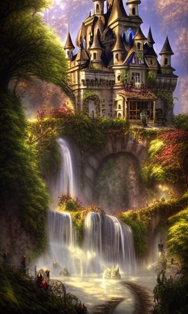 Steampunk Chateau Waterfall Fantasy Landscape