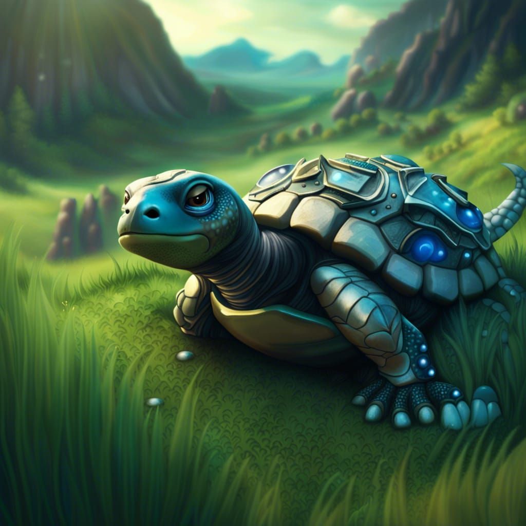 Robotic Turtles in Fantasy World: Grassy Hills, Detailed Mat...