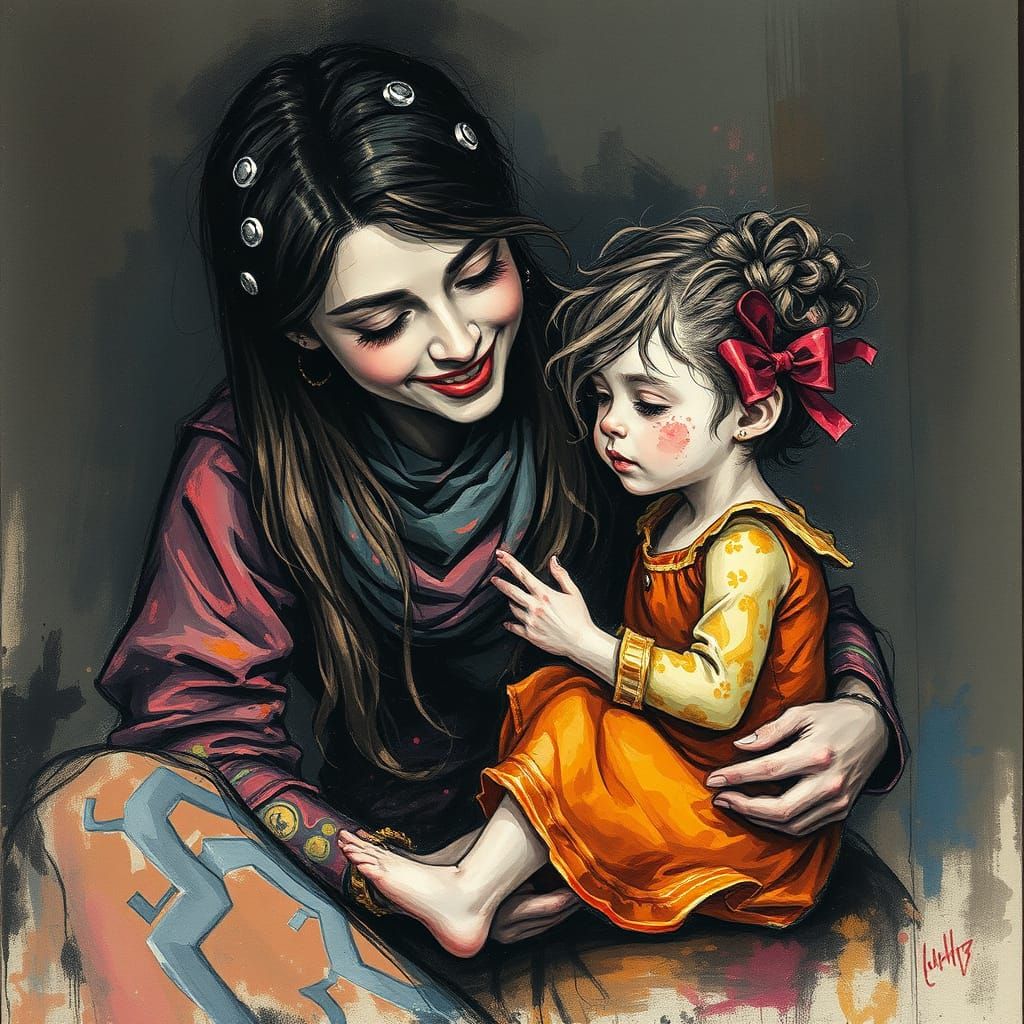 Mother and Daughter: Impressionist Gouache Charcoal Drawing