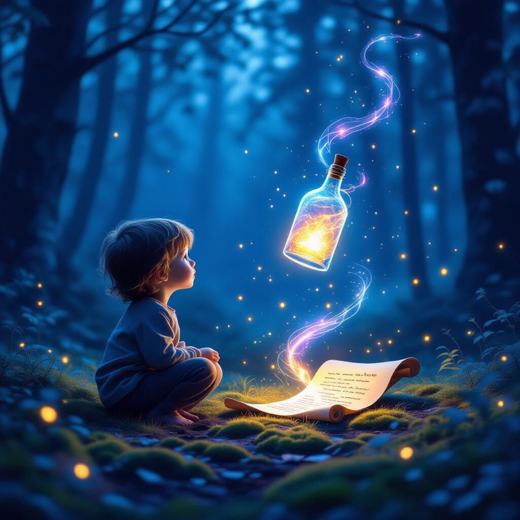 A quiet twilight forest clearing bathed in soft blue and purple hues. In the center, a glowing glass bottle floats gentl...