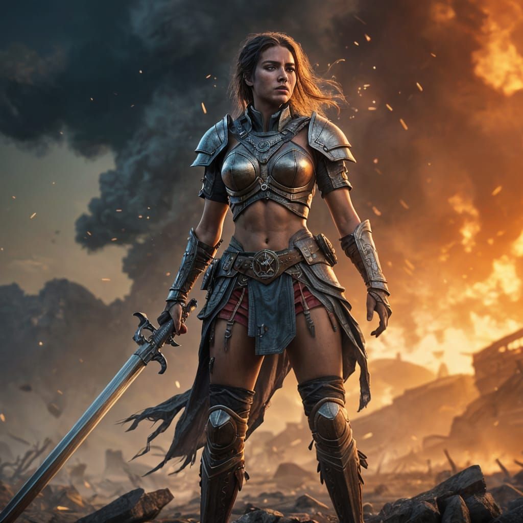 Epic Fantasy Warrior Maiden in Vibrant Battleground