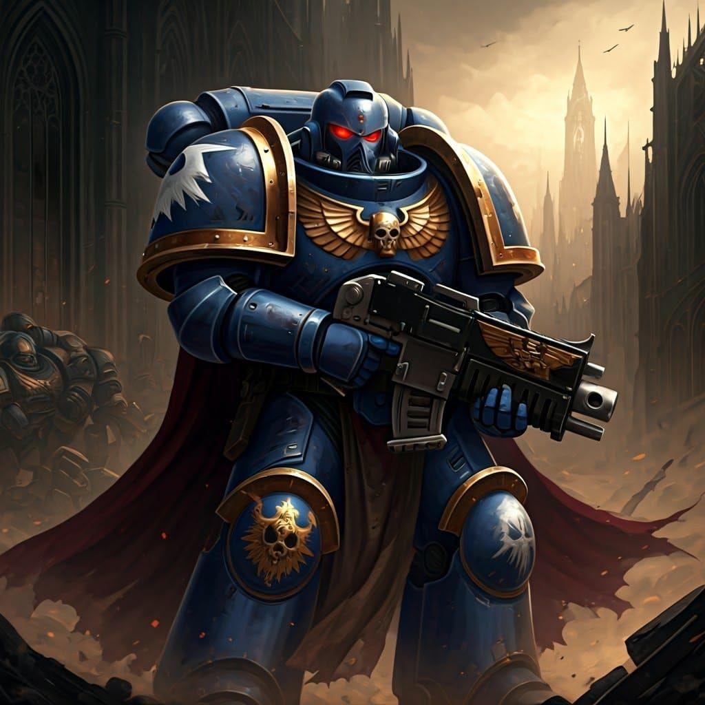 Heroic Space Marine in Ruined Gothic Cityscape