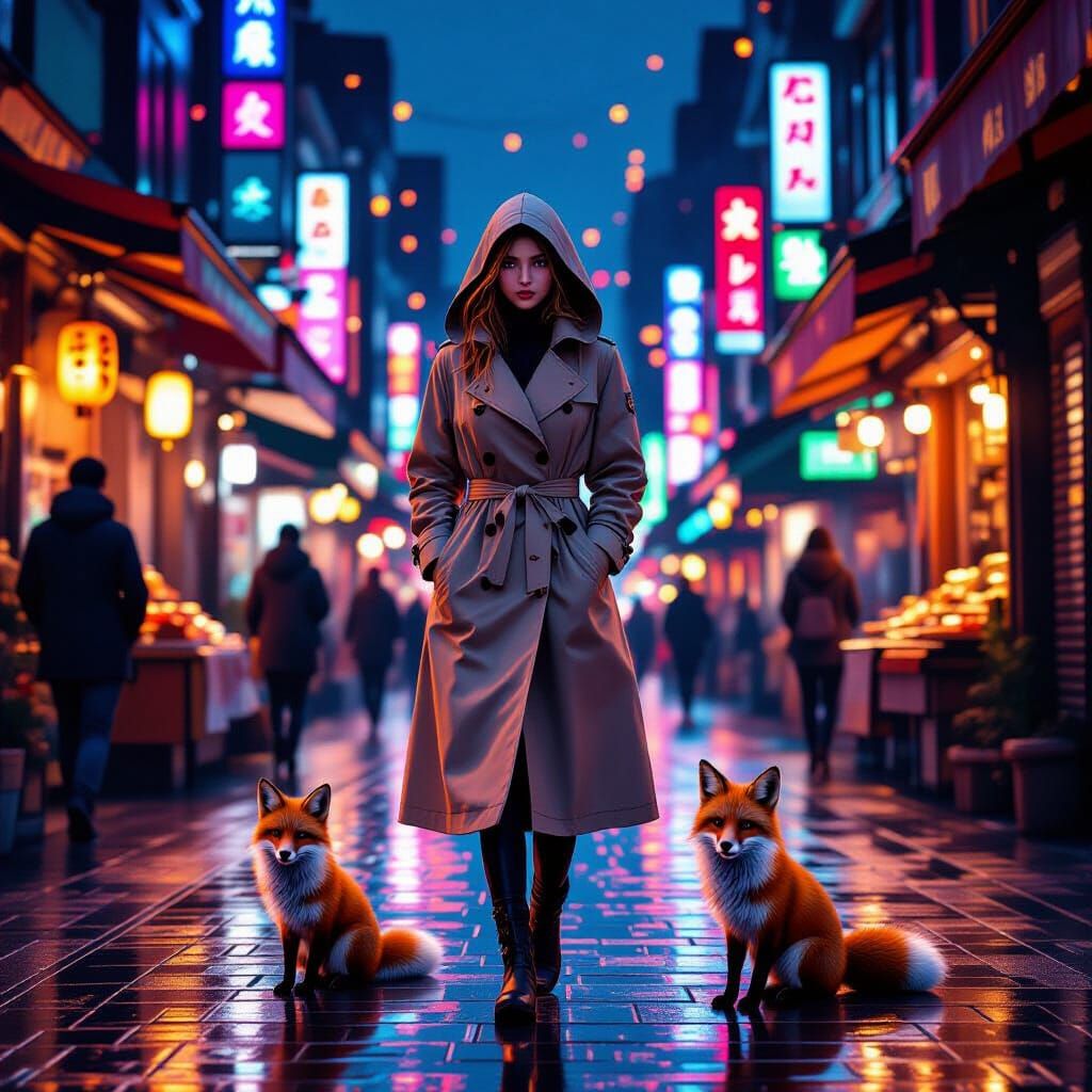 Neon Night Market Wanderer in Cyberpunk Style