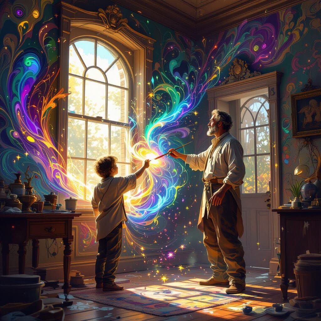 Father Magically Paints House Interior with Glowing Swirls