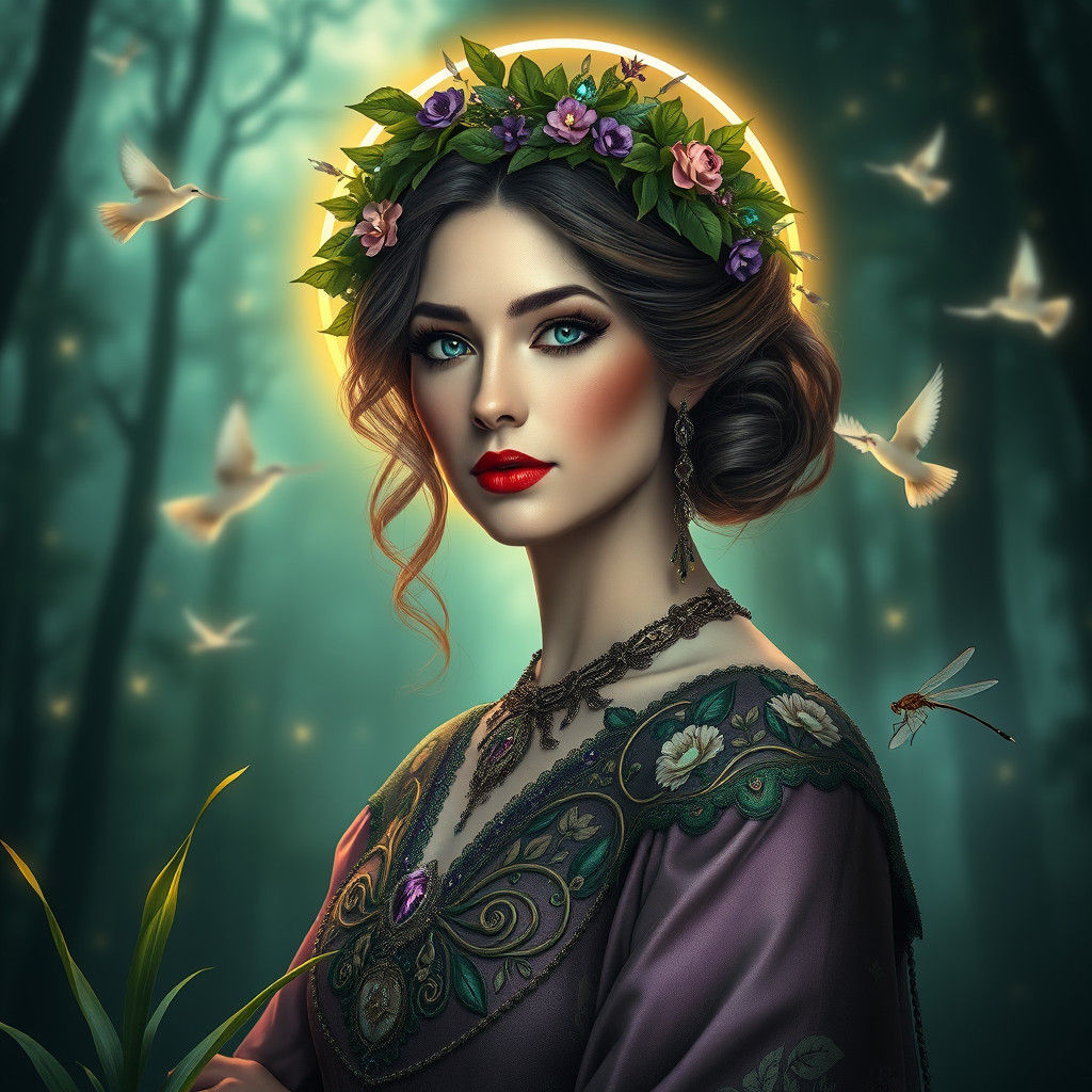 Forest Queen with Aurora in Art Nouveau Style