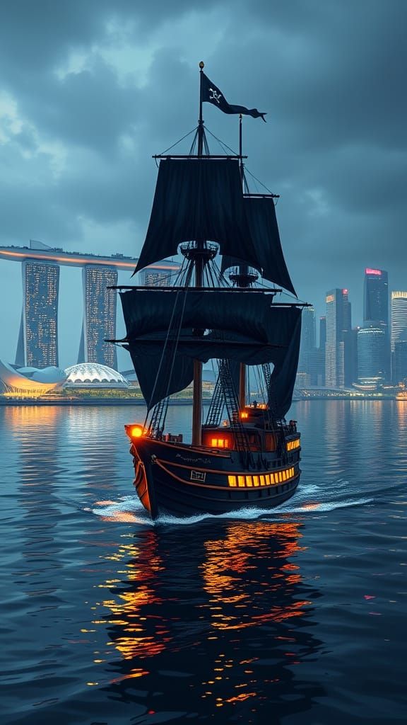 Pirate Ship Sails Through Marina Bay at Night