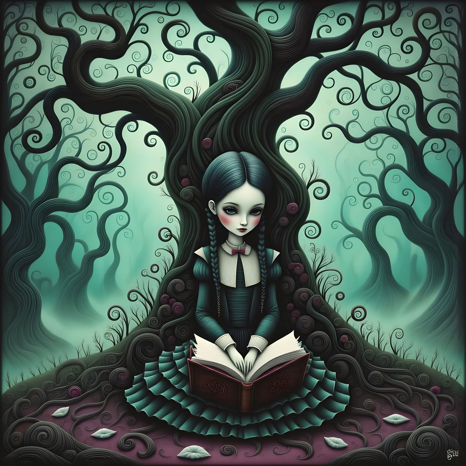 Ethereal Girl Reads Under Starry Tree