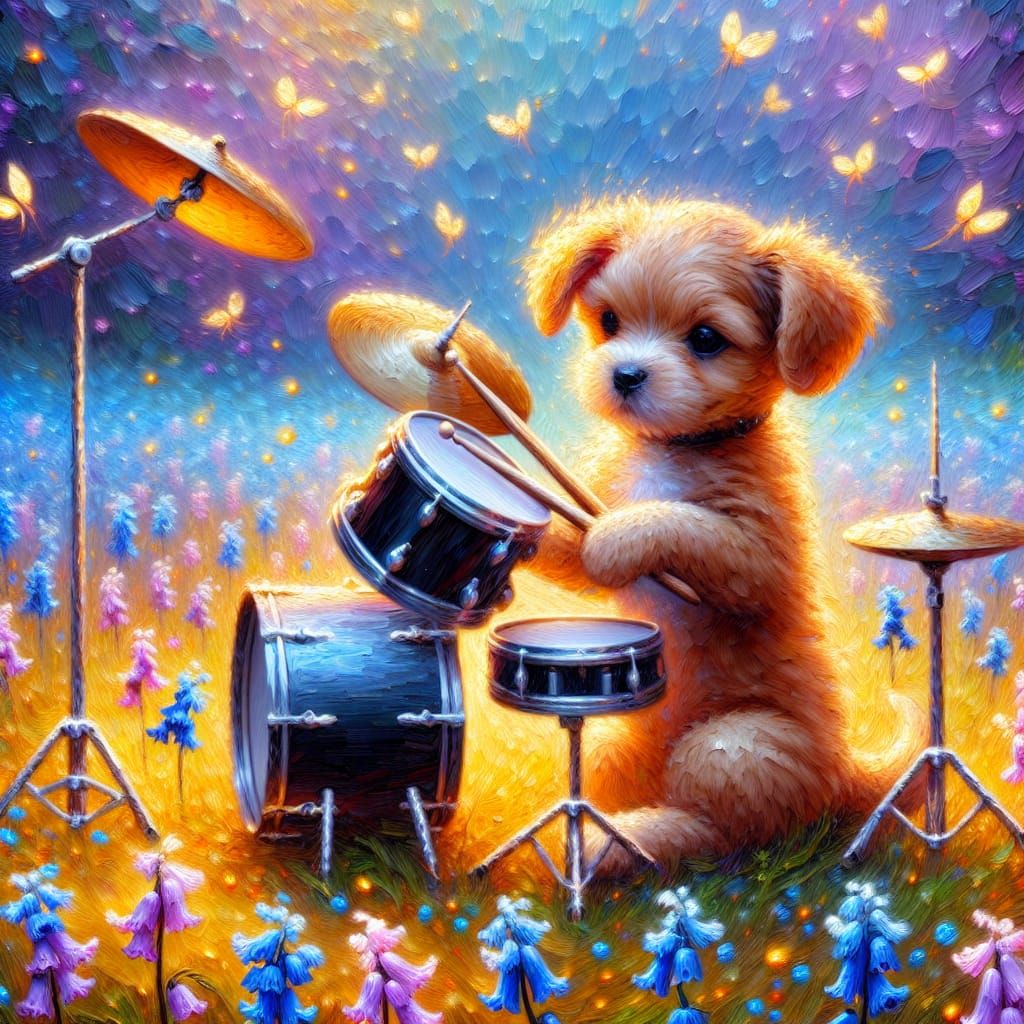 Dog Drummer in Impressionistic Floral Meadow
