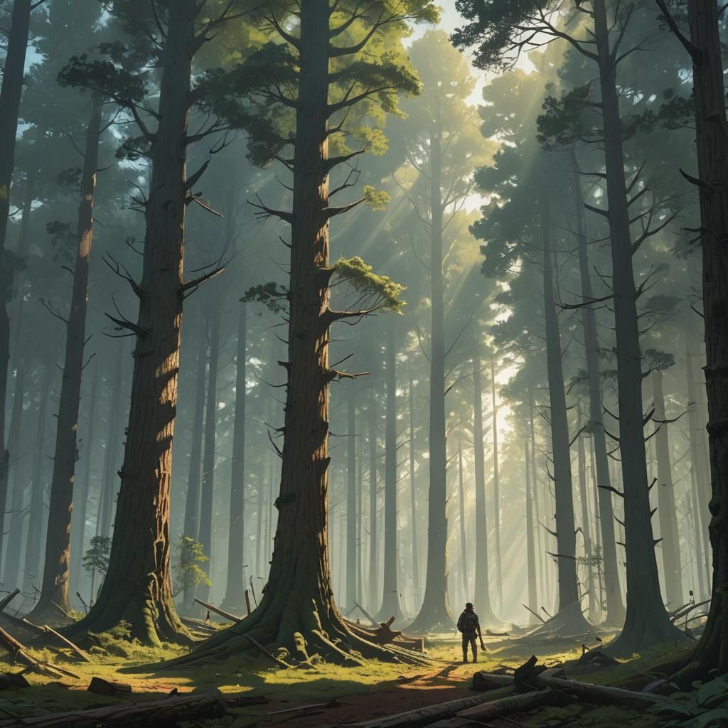 Mystical Woodsman Cutting Trees in Fantasy Forest