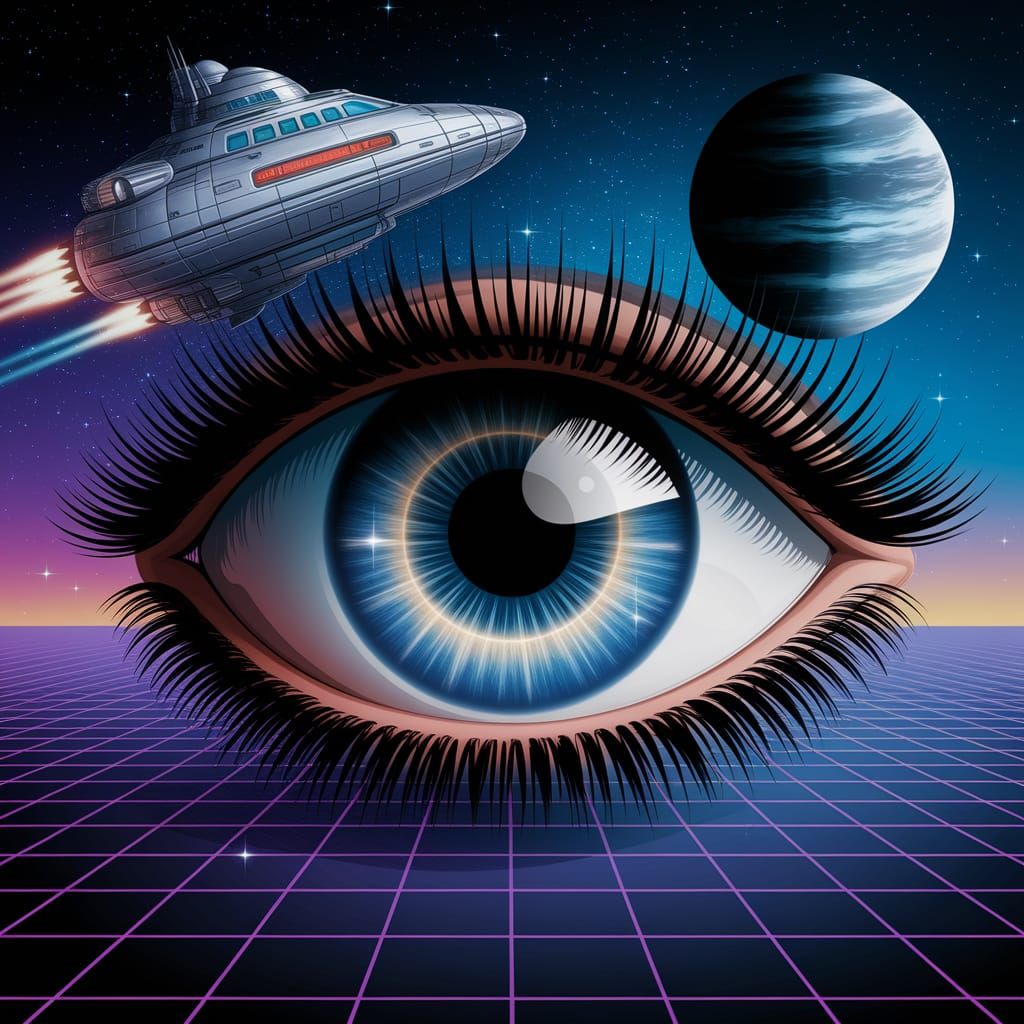 Retrofuturistic Spaceship Over a Cosmic Eye