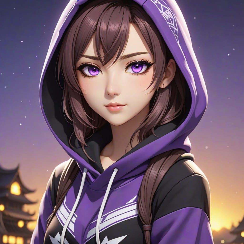 Anime Gamer Girl with Purple Eyes and Hoodie